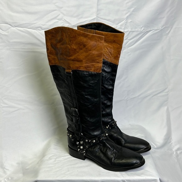 Sam Edelman Black‎ & Brown Tall Studded Biker Boot Women’s Size 8.5 - Picture 1 of 9